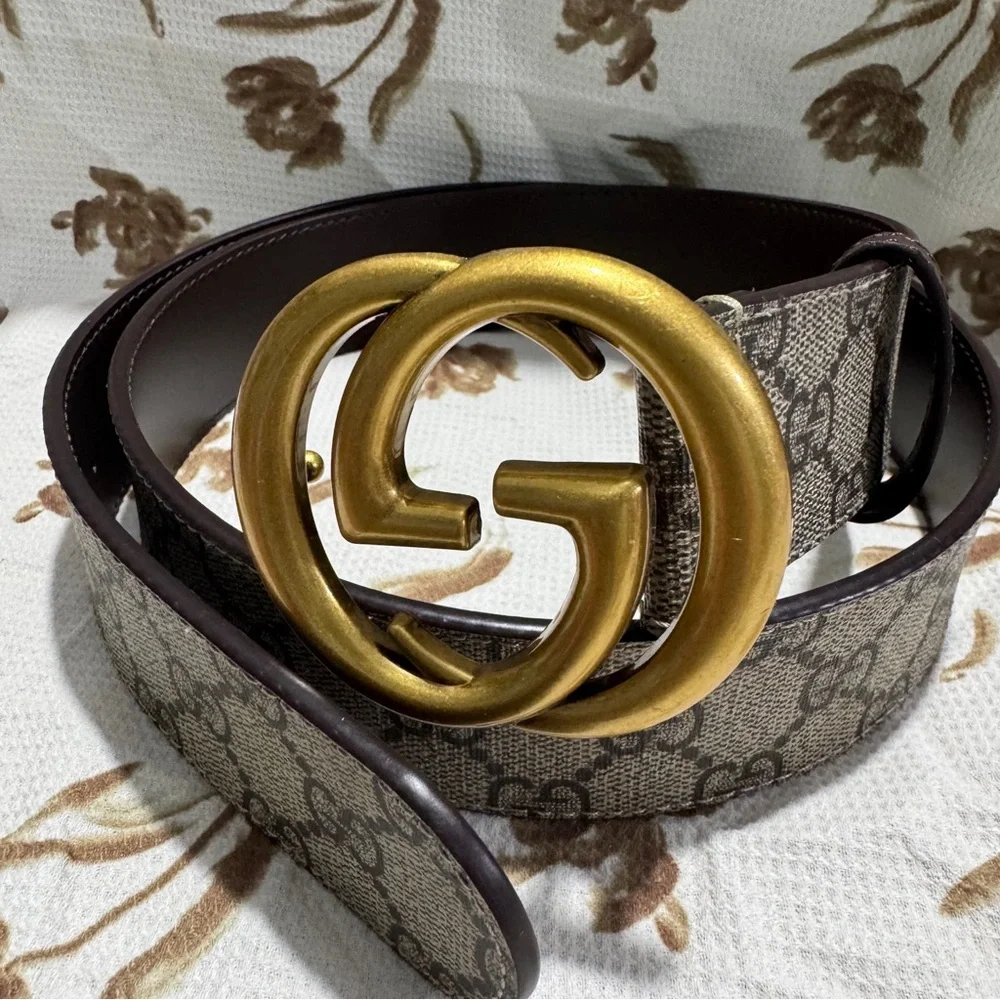 Gucci Brown GG Supreme Canvas Belt with Gold Double G Buckle
